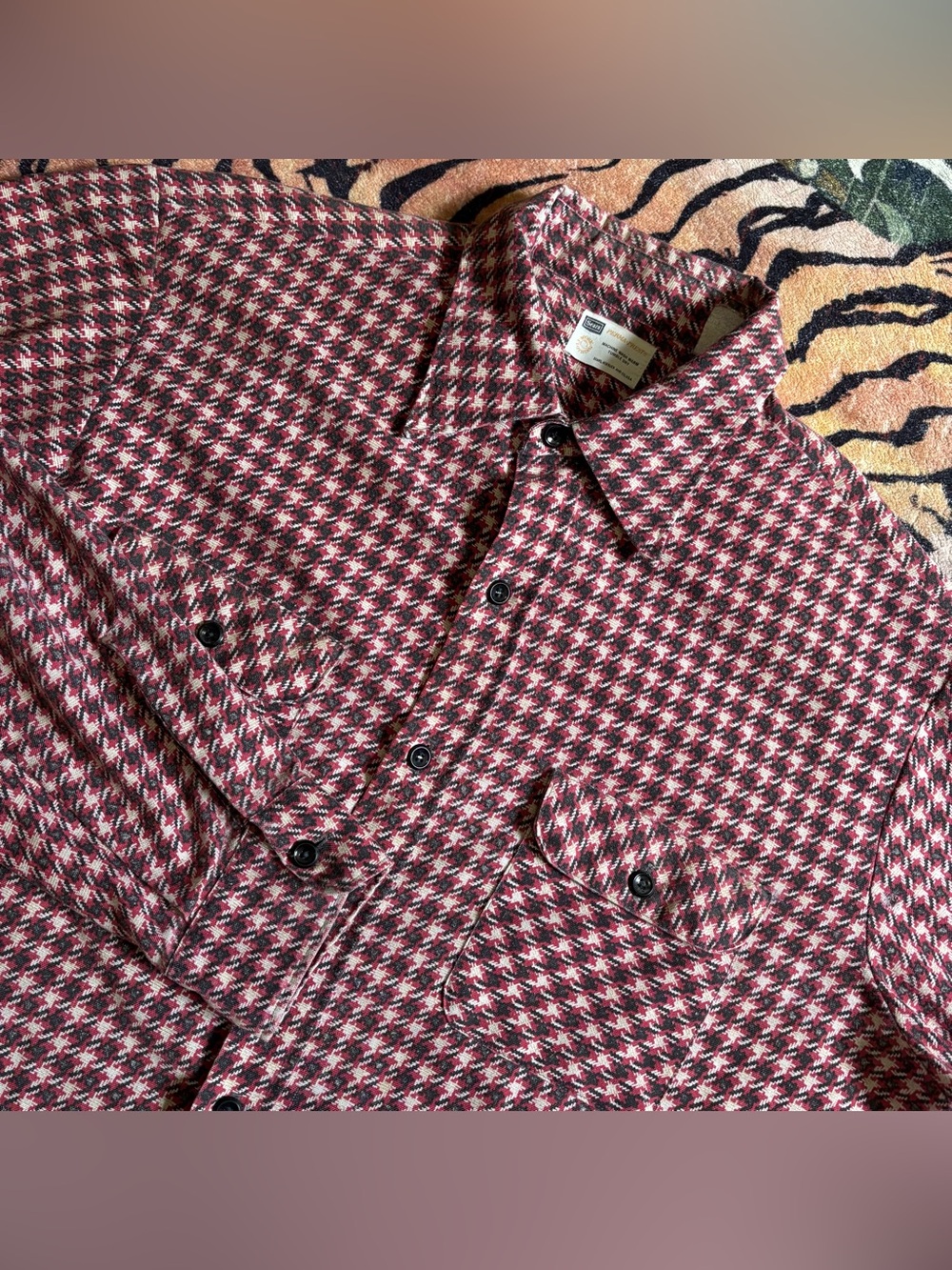 True Vintage 60s 70s Sears Perma Prest Houndstooth Button Up Shirt Red XL USA